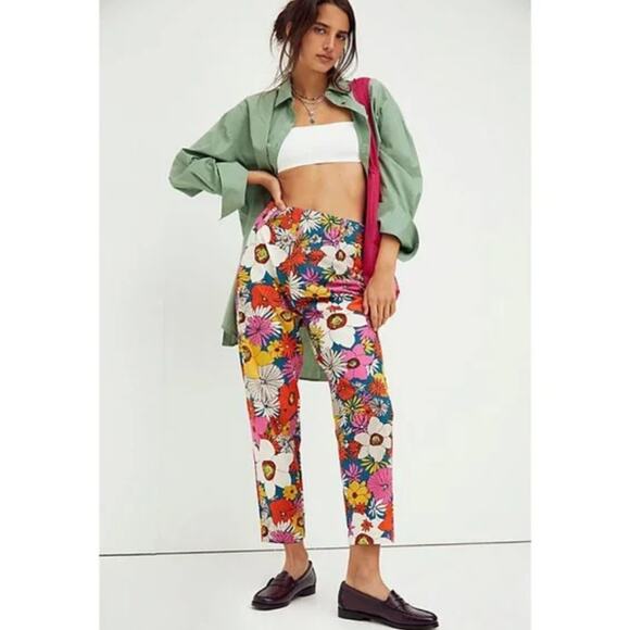 Free People Tessa Tapered Floral Trousers Multicolor Size 4 NEW - Picture 1 of 11
